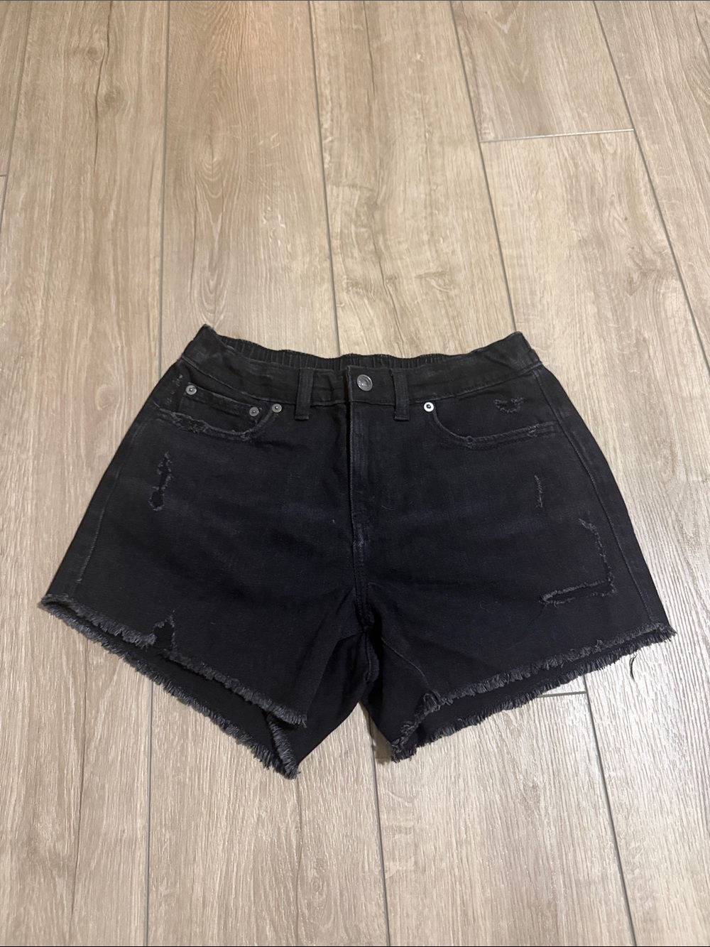 Black Denim Frayed Hem Women's Shorts